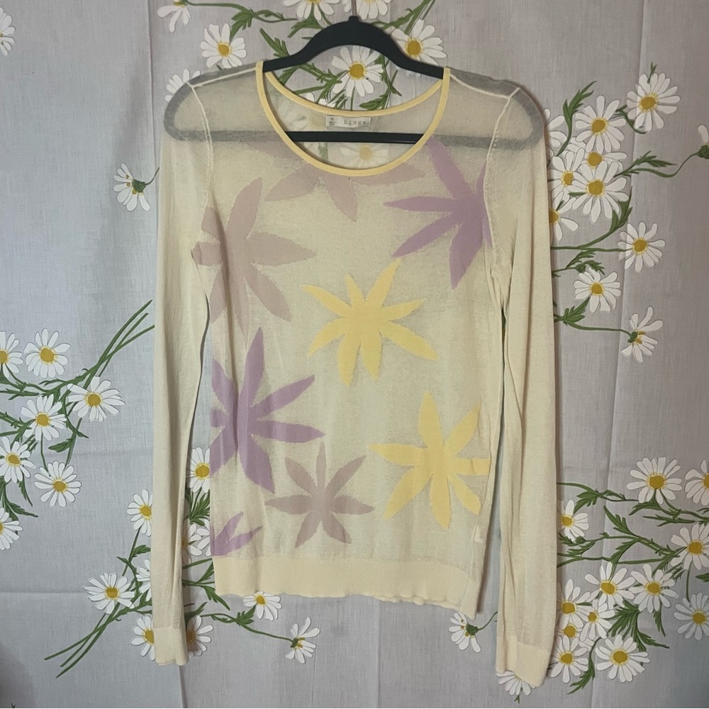 Anthropologie hinge pastel yellow abstract floral sheer knit long sleeve T-shirt - Picture 3 of 8